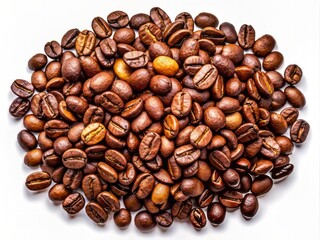 Obraz premium Scattered roasted coffee beans against a transparent background, showcasing their rich brown color and varied textures, evoking a sense of warmth and aromatic freshness.