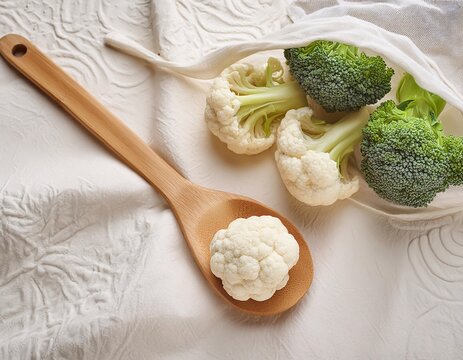 Healthy broccoli vegetables served in tablespoons on a clean and elegant white cloth background.generative ai