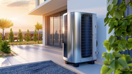 A silver air conditioner is on the side of a house