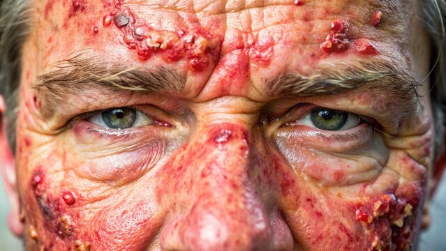 Close-up of inflamed, flaky, crusty, red skin on forehead, nose, and cheeks, with severe skin peeling and scaly texture.