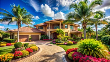 Fototapeta premium Vibrant large tropical house with circular driveway surrounded by lush greenery and exotic flowers under bright blue sky.