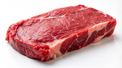Freshly cut raw beef steak slice lying on a white surface with a slight sheen, showcasing juicy red flesh.