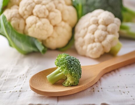 Healthy broccoli vegetables served in tablespoons on a clean and elegant white cloth background.generative ai