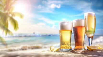 Three glasses of beer are on a beach with a palm tree in the background