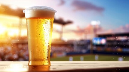 A glass of beer is sitting on a wooden table in front of a baseball field