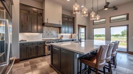 Family gathering in a spacious kitchen with a large island and modern appliances
