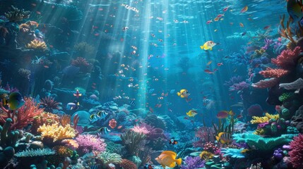 A colorful underwater scene with many fish and coral. Generate AI image