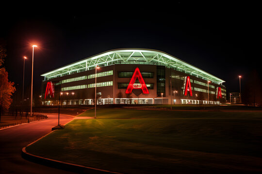 Illuminated night view of Ajax Stadium: A marvel of modern architecture and historic football significance
