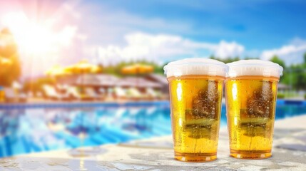 Two glasses of beer are on a table by a pool