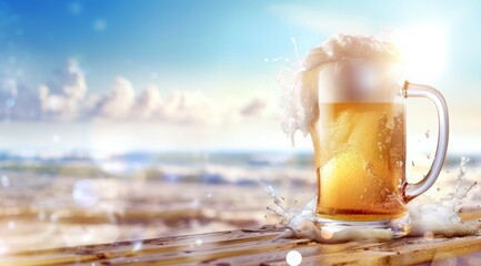 A glass of beer is sitting on a wooden table by the ocean
