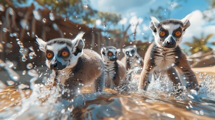 A group of playful lemurs splashing in water on a sunny day in their natural habitat, captured in vivid detail.