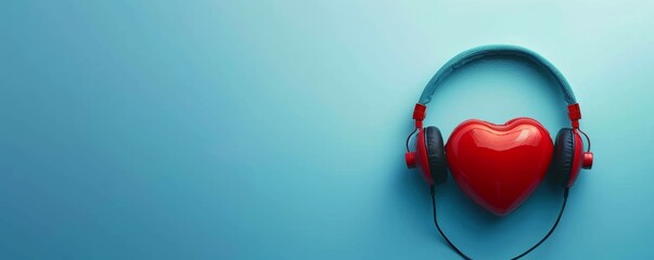 A red heart with headphones on top of it, music lover concept