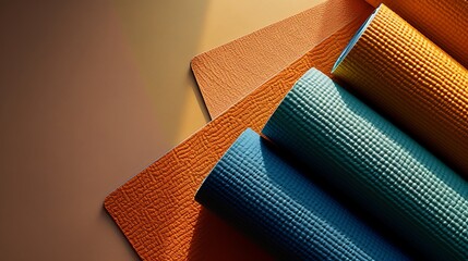 Close up of three yoga mats in green, blue and orange colors with a matte texture. The mats are placed against each other at random angles on the right side of the picture, on top of a beige table