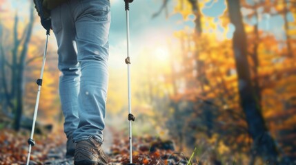 A person is walking through a forest with a pair of poles in their hands, hiker's equipment
