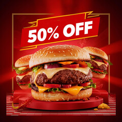 Burger 50% off social media poster design