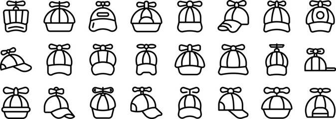 Cap propeller icons set. Set of various helicopter hat icons representing different designs and views, perfect for any project related to headwear, fashion, or playful accessories © ylivdesign