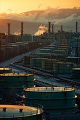 Golden Hour Glow: Dramatic Sunset over Rows of Oil Tanks