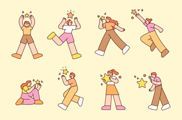 People discover stars and try to hold them in their hands. outline simple vector illustration.