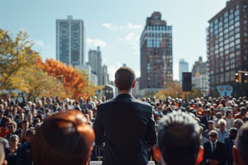 Obraz premium A leader addressing a large crowd during an outdoor urban event, with city buildings and autumn trees in the background.