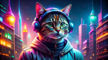 Fashionable anthropomorphic cat wearing trendy headphones surrounded by vibrant neon lights, jamming to beats in a futuristic urban setting.