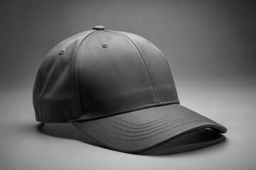 Fototapeta premium A sleek, modern, unbranded, front-facing black plain baseball cap rests on a clean grey background, providing a neutral and versatile design template for customization.