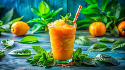 Fototapeta premium Vibrant orange and green hues of refreshing summer slush against a bright blue background, surrounded by lush green leaves.