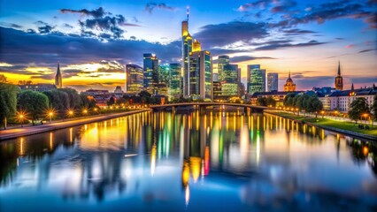 Obraz premium Illuminated Frankfurt skyline at night, featuring majestic European Central Bank building, gleaming skyscrapers, and tranquil Main River reflection.