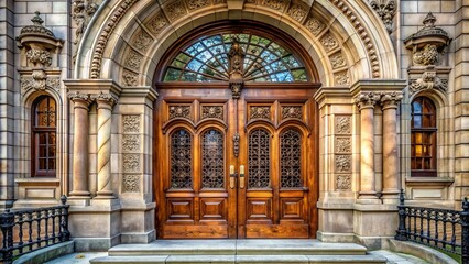 Fototapeta premium A grand, ornate, wooden door with large glass panels, surrounded by elegant stonework, under a decorative archway entrance.
