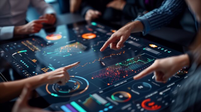 Diverse team of data analysts and business professionals around interactive touchscreen table with AI-generated insights