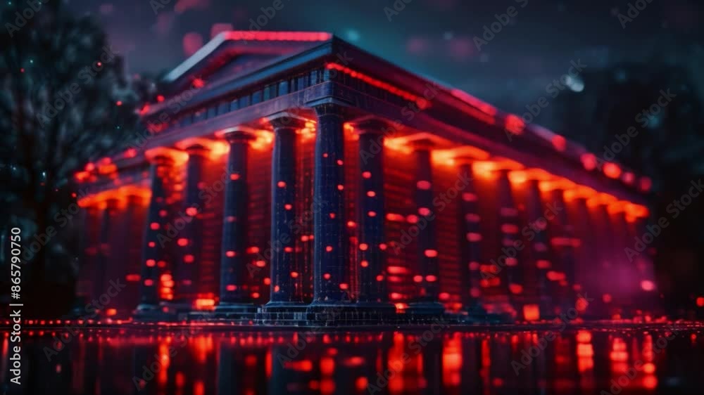 Aufkleber this digital bank image with columns and hologram. futuristic finance and architecture concept