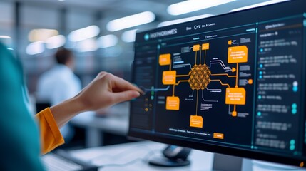 Close-up computer screen with complex diagram of orange nodes and connections manipulated by woman