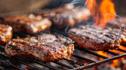 A grill with three pieces of meat on it, one of which is a burger, holiday with family and friends concept