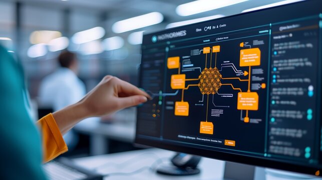 Close-up computer screen with complex diagram of orange nodes and connections manipulated by woman