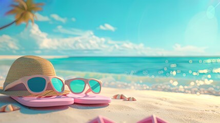 Hats, slippers, sunglasses on the beach in summer