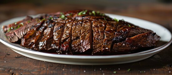 A detailed look at a plate with roasted beef brisket flat steak.