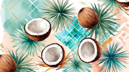Tropical Oasis. Coconuts, both whole and halved, rest gracefully amidst verdant palm fronds