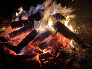 A roaring campfire full of burning logs in September