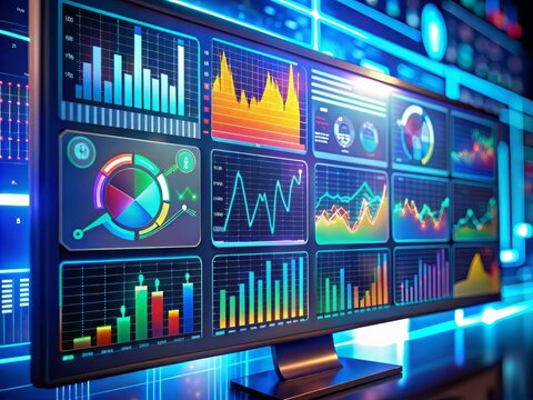 Vibrant digital illustration of a dynamic dashboard displaying various SEO data analytics graphs, charts, and metrics on a futuristic monitor for optimization.