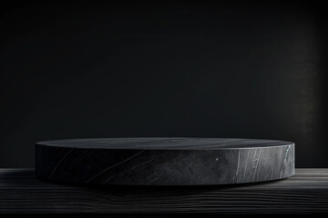 Elegant black marble podium on dark background, ideal for luxury product display, sophisticated presentations, or minimalist design projects, offering a sleek and modern aesthetic for high-end visual 