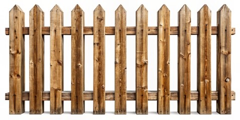 Rustic wooden fence with horizontal planks and vertical posts standing alone on a transparent background, creating a sense of simplicity and rural charm.