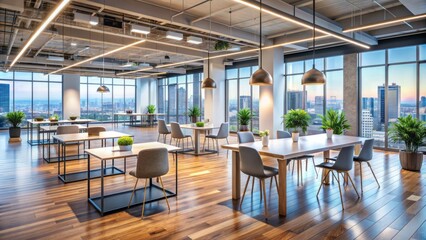 Empty modern office with blurred background, sleek tables, chairs, and corporate decorations ready for a networking event.