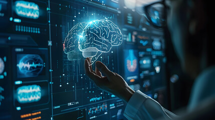 
Businessman touching the brain working of Artificial Intelligence (AI), Future of businesses and organizations global is powered by AI smart
