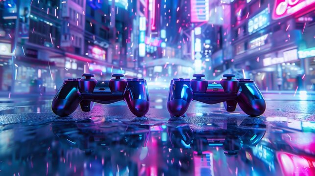 Vibrant Gaming Controllers in Neon Cyberpunk Cityscape - Generative AI