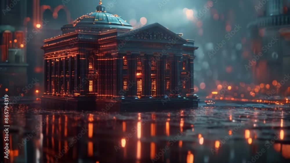 Poster this futuristic, neoclassical building illuminated with glowing lines.
