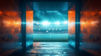 Tunnel Entrance to a Floodlit Stadium Field - Generative AI