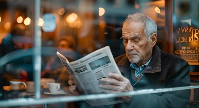 Portrait of old man reading morning newspaper in outdoor cafe