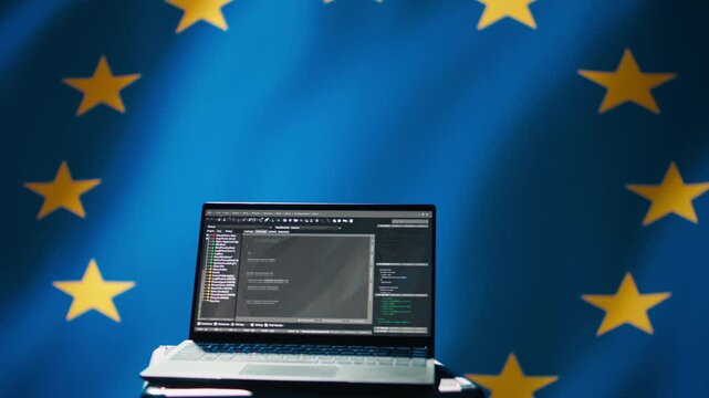 European Union intelligence agency using laptop to protect against mass propaganda tools affecting elections. EU security service engaging in psychological operations using device, camera B