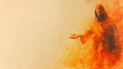 Orange watercolor painting of Jesus Christ reach out hand welcoming his people
