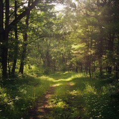 Obraz premium A sunlight-dappled path winds through a green forest in the early morning