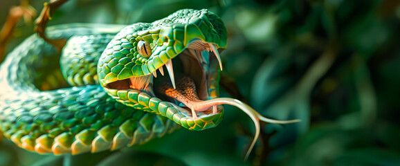 Close up of a fierce and aggressive green viper snake with an open mouth baring its sharp fangs and bifurcated tongue in the lush jungle foliage  The reptile s predatory instincts are on full display